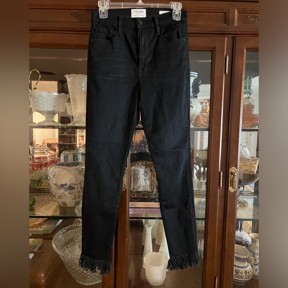 FRAME All high rise skinny black jeans with distressed hem